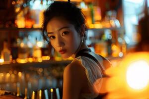 Bartender woman working at cocktail bar with blurred bottles in background photo