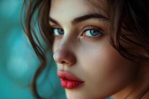 Beautiful model posing with red lipstick and blue eyes showing makeup and hairstyle photo
