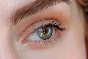Close up of green eye with makeup showing perfect eyelashes and eyebrow photo