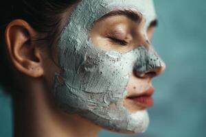 Young woman applying a purifying clay mask on her face for skin care photo