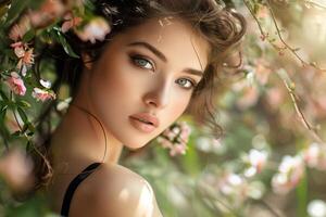 Beautiful model posing with spring blossom branches in a photoshoot photo