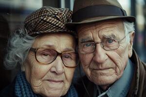 Elderly couple wearing hats and glasses showing wrinkles and aging skin photo