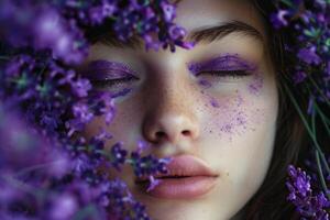 Beautiful model with purple lavender makeup posing with closed eyes and flowers around her face photo