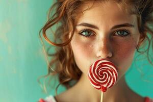 Freckled model eating red and white swirl lollipop on turquoise background photo