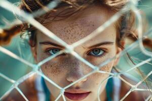 Freckled model posing behind net with intense gaze photo