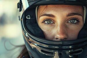 A woman wearing a helmet and looking at the camera photo