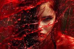 Woman with red lipstick posing behind splashing red liquid photo
