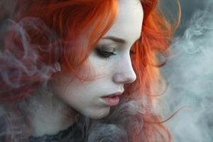 Redhead model posing with smoke and freckles showing photo