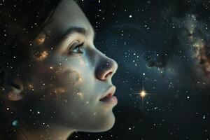 Young woman exploring the universe and discovering the wonders of space photo