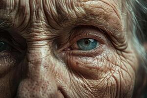 Close up of wrinkled face showing wisdom and age with bright blue eye photo