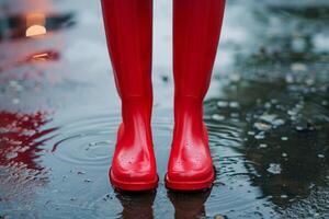 Red rubber boots standing in a puddle reflecting city lights on a rainy day photo