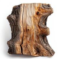 Piece of weathered tree trunk showing knots and grain on white background photo
