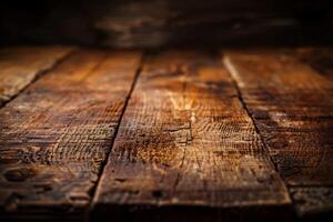 Empty rustic wooden table top with dramatic lighting perfect for product placement photo