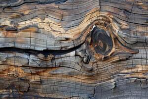 Weathered wood grain showing knot and cracks in log surface photo