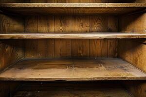Empty wooden shelves showing grain and texture in rustic cupboard photo