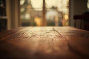 Empty wooden table top with blurred background displaying window view photo