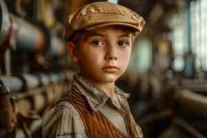 Young apprentice wearing overalls and cap working in a factory photo