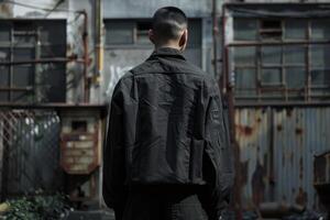 Security guard wearing black uniform standing back in abandoned industrial area photo
