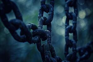 Rusty chains hanging in a gloomy forest creating a spooky atmosphere photo