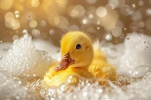 Cute yellow duckling taking a relaxing bath surrounded by soap bubbles photo