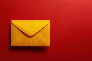 Golden envelope lying on red background symbolizing communication photo