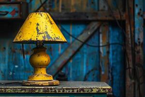 Old yellow lamp illuminating workshop with rustic charm photo