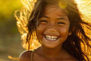 Portrait of happy smiling child girl playing outdoors with hair blowing in wind photo