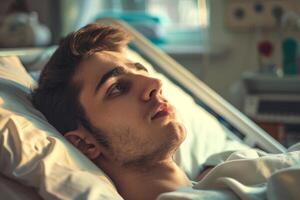 Young patient recovering in hospital bed, pensively looking towards window photo