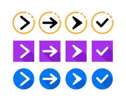 Flat Arrow Right Direction and Check Mark Icons Set. Circular, Square, and Rounded Styles vector