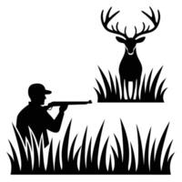 Silhouette of hunter aiming at deer in grassy field vector