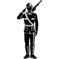 Silhouette of soldier saluting holding rifle in military uniform and helmet vector