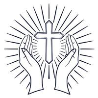 Hands holding christian cross with rays of light illustration vector