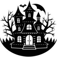 Spooky haunted house silhouette with bare trees and a bat for halloween vector