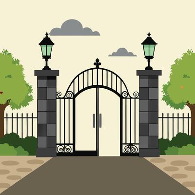 Cartoon illustration of an elegant entrance gate with trees