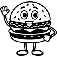 Cartoon burger mascot character with happy face and waving hand illustration vector