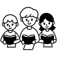 Three cheerful students reading books together in simple black and white style vector