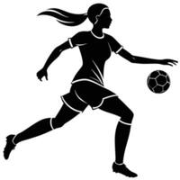 Female soccer player silhouette in action dribbling a ball with dynamic movement vector