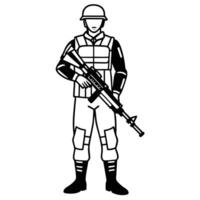 Simple soldier illustration standing ready with assault rifle in monochrome style vector