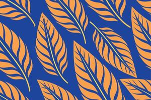 Orange stylized leaves pattern seamless repeat on blue background with modern flat design for various uses vector