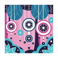 Abstract kawaii forest illustration with pink background and decorative elements vector