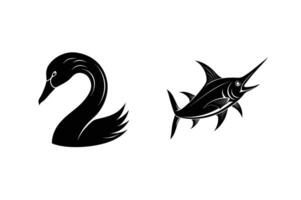 Elegant silhouette illustrations of a swan and a swordfish on white background art vector