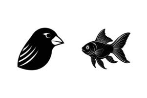 Black bird and goldfish illustration on white background simple animal graphics vector