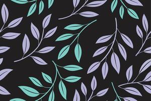 Elegant seamless pattern featuring teal and lavender leafy branches on a deep black background vector
