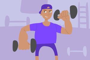 Man and Strength training routines focusing on muscle building exercises with dumbbells. Man doing sports in the gym. Cartoon illustration. vector