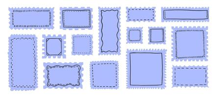 Postages with rectangle frames with wavy edges. Hand drawn stamp for social media decoration template. vector