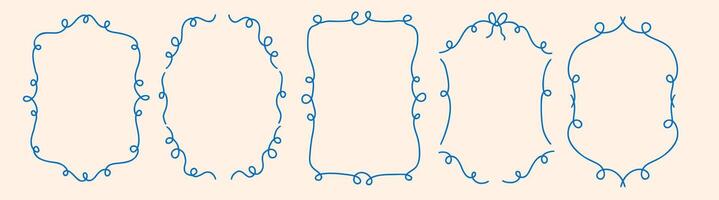 Rectangle wavy scallop frame in doodle vintage style. Border with elegant outline loop. Rectangular shapes with curvy and jagged borders in blue color. vector