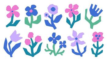 Set of abstract cut-our flowers in flat naive style. Simple doodle botanical elements. vector
