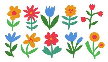 Set of abstract cut-our flowers in flat naive style. Simple doodle botanical elements. Trendy paper cut floral graphic. vector