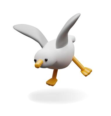 3d seagull landing. Three-dimensional illustration sea bird. Flying sea gull animal. Wildlife ocean character in the port. Atlantic mascot on the beach. Fauna in the ocean resort.