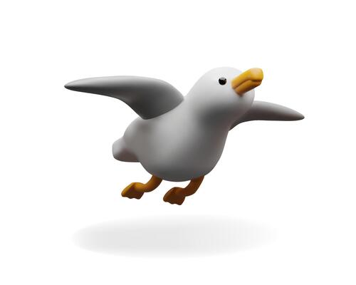 3d seagull flying. Three-dimensional illustration sea bird. Flying sea gull animal. Wildlife ocean character in the port. Atlantic mascot on the beach. Fauna in the ocean resort.